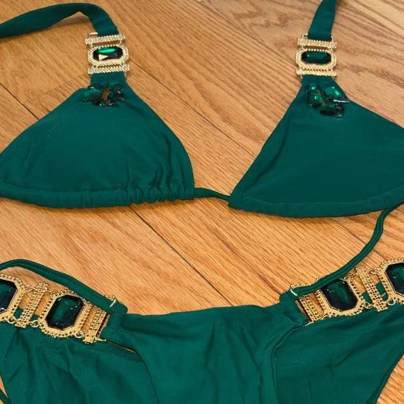 Emerald Green Jeweled Triangle Bikini Set - Picture 7 of 9